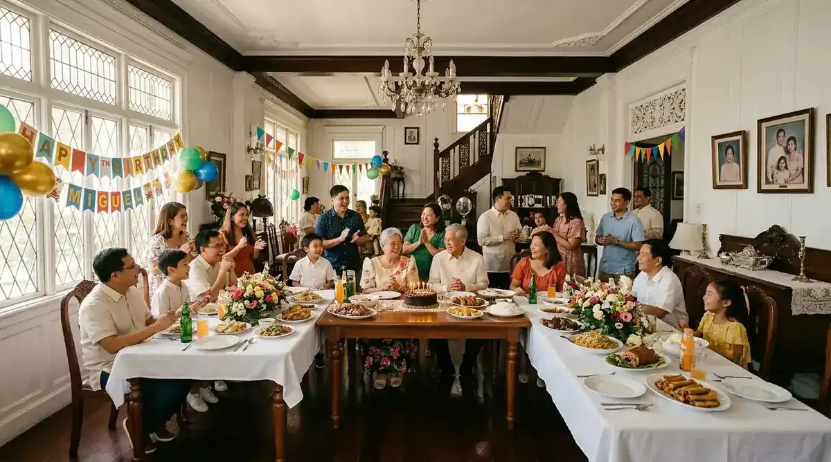 Filipino family birthday celebration with 20 guests around decorated tables