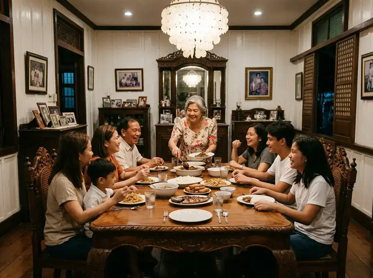 Filipino family sharing a meal together in the ancestral house